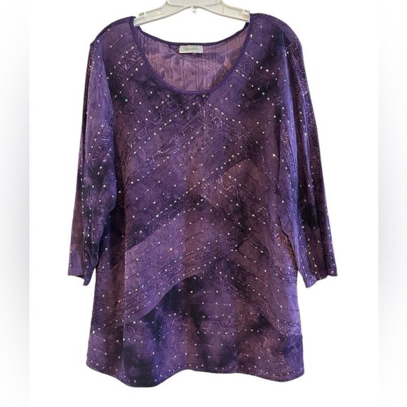 Dressbarn Sequined Embroidered Purple Stretchy Tunic Blouse  3/4 Sleeves 2X - Picture 1 of 9